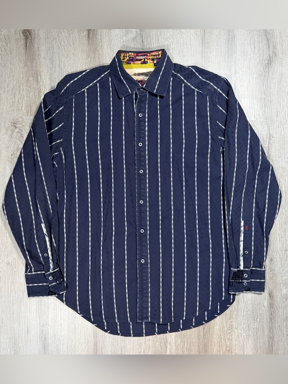 Vintage Robert Graham Navy and White Vertical Stripe Button-Down Shirt Large